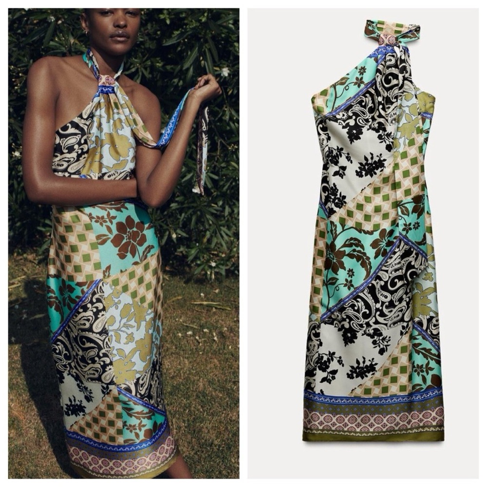 Zara dress maxi Multicolor Halter printed satin effect - Picture 2 of 10